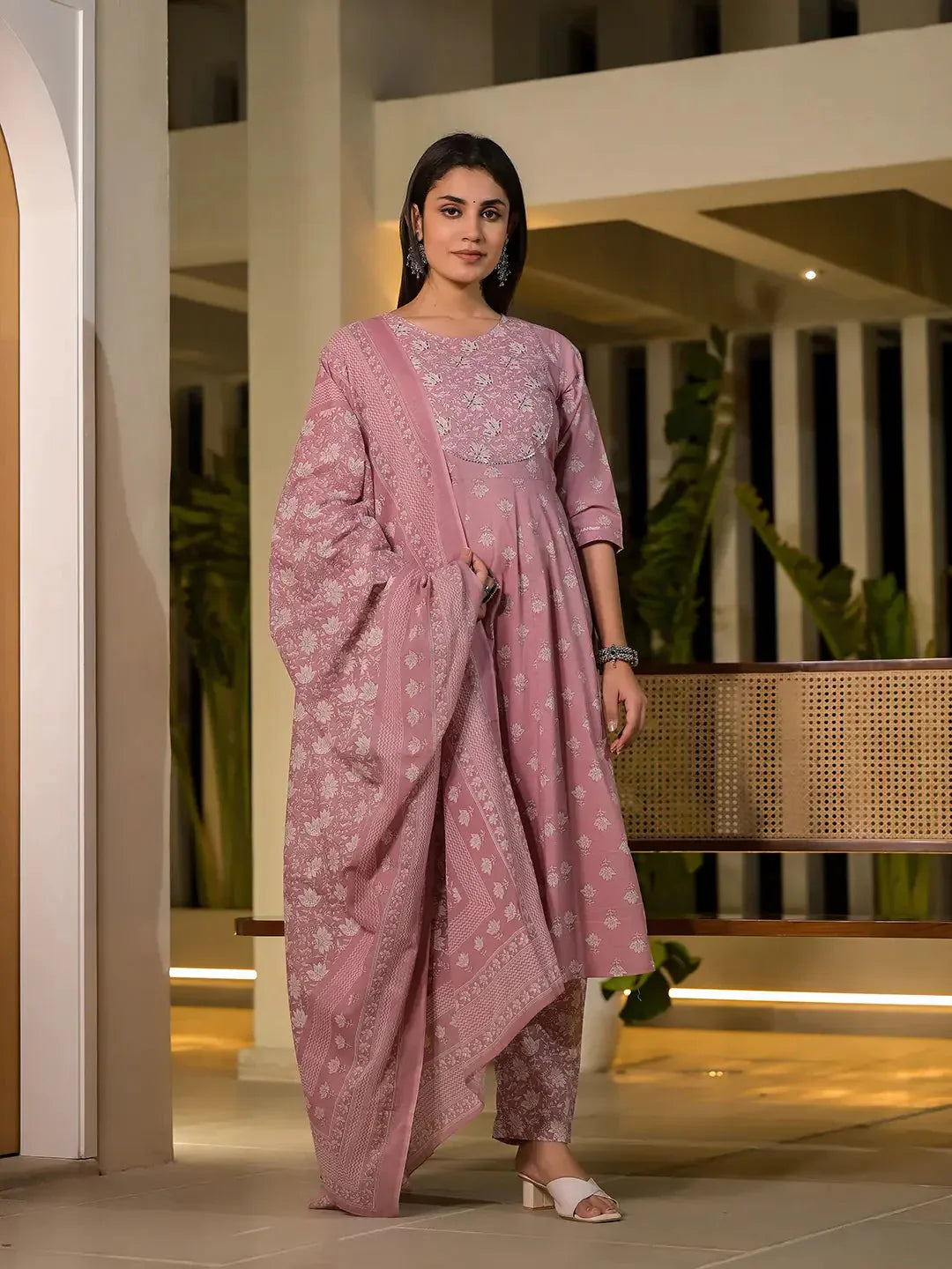 Yufta Pink Floral Print Cotton Anarkali Style Kurta With Trousers With Dupatta Set - Swadesiicart