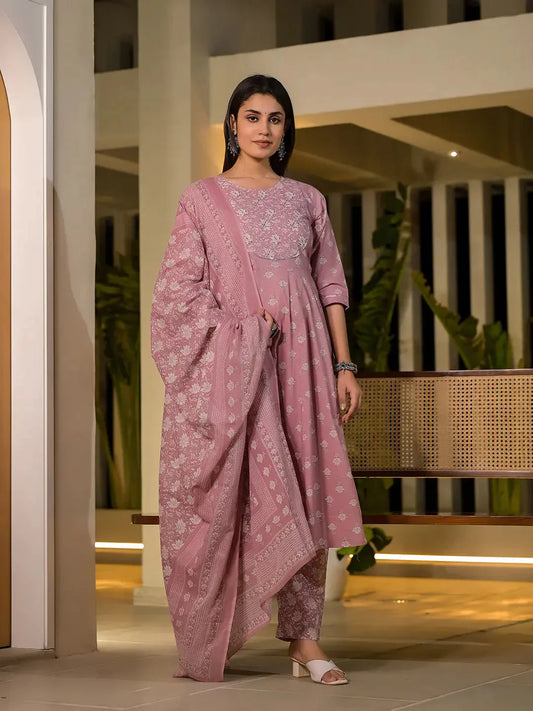 Yufta Pink Floral Print Cotton Anarkali Style Kurta With Trousers With Dupatta Set - Swadesiicart