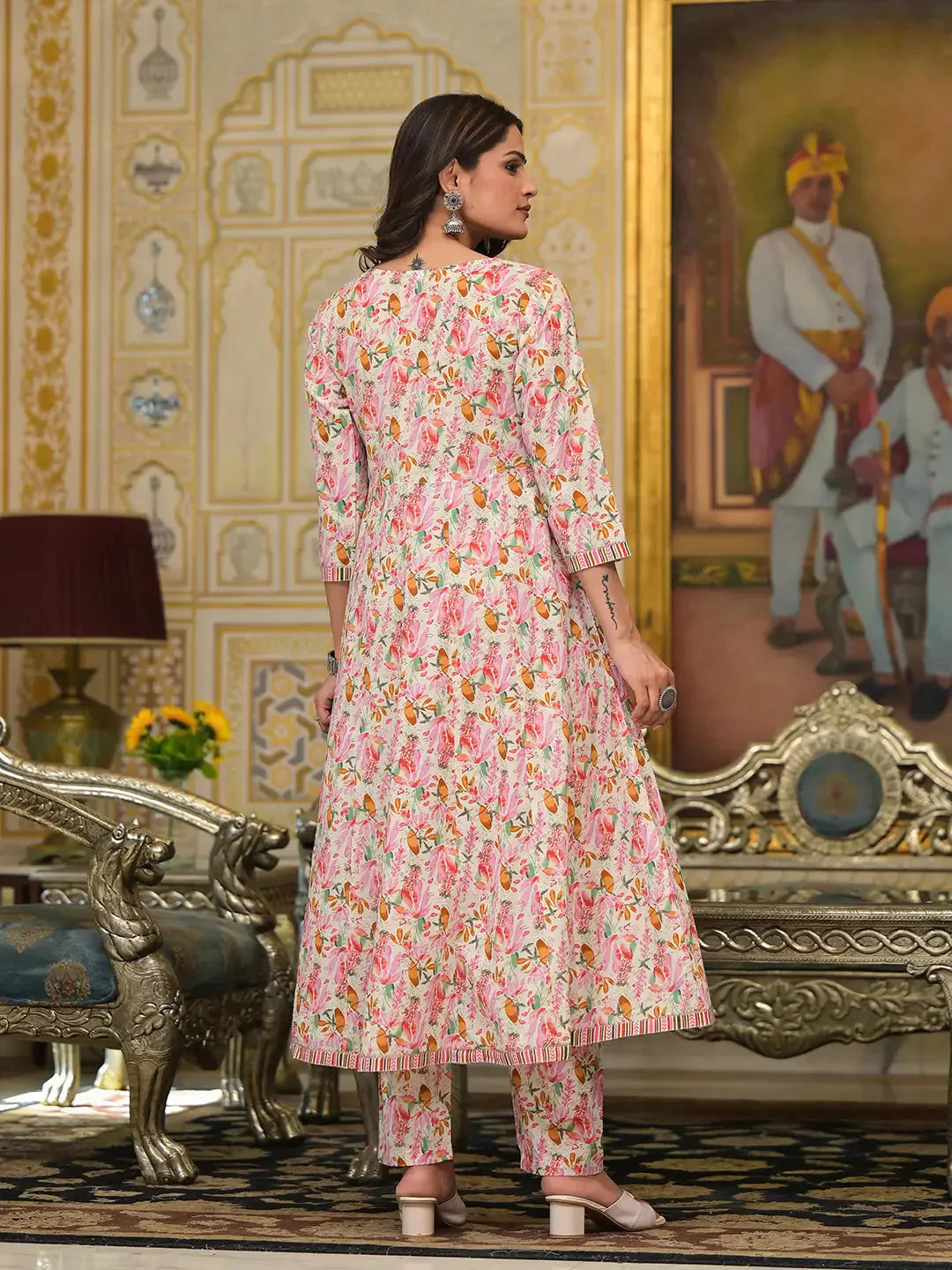 Yufta Pink Leaf Print Zari Work Anarkali Kurta Trouser With Dupatta Set - Swadesiicart