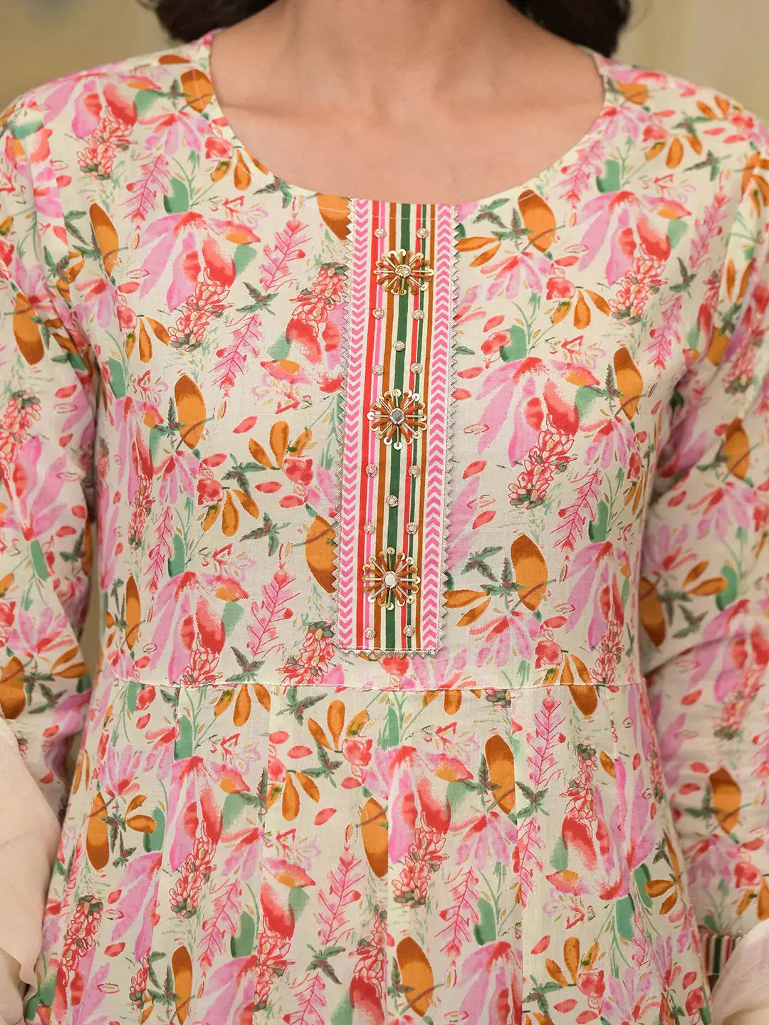 Yufta Pink Leaf Print Zari Work Anarkali Kurta Trouser With Dupatta Set - Swadesiicart