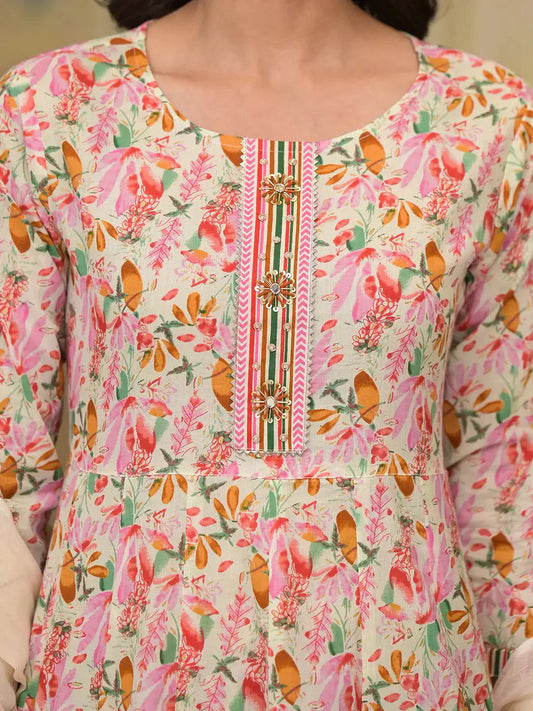 Yufta Pink Leaf Print Zari Work Anarkali Kurta Trouser With Dupatta Set - Swadesiicart