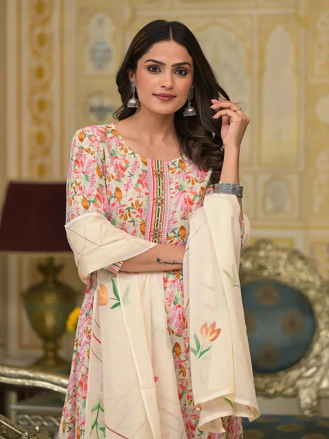 Yufta Pink Leaf Print Zari Work Anarkali Kurta Trouser With Dupatta Set - Swadesiicart