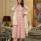 Yufta Pink Leaf Print Zari Work Anarkali Kurta Trouser With Dupatta Set - Swadesiicart