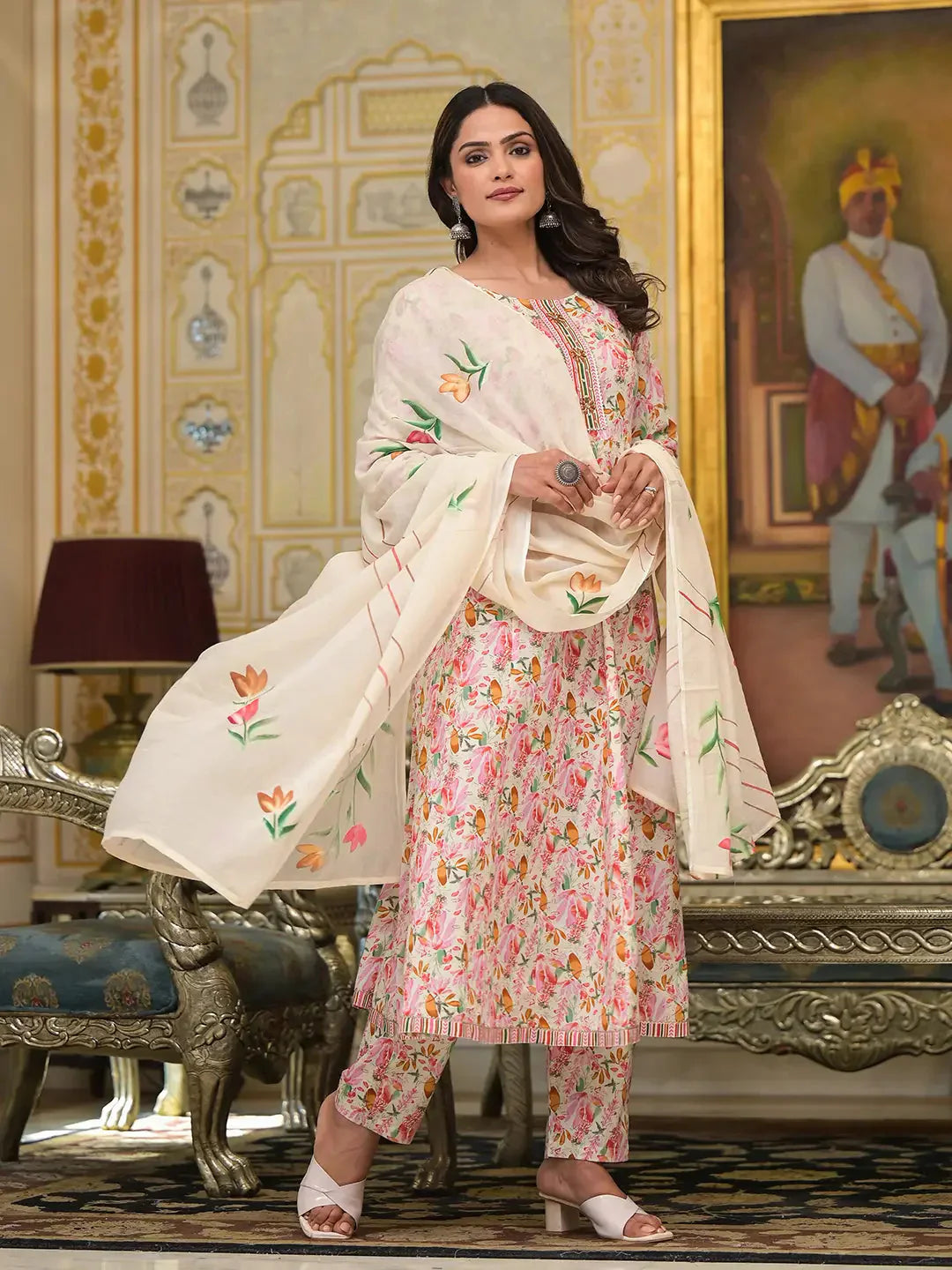 Yufta Pink Leaf Print Zari Work Anarkali Kurta Trouser With Dupatta Set - Swadesiicart