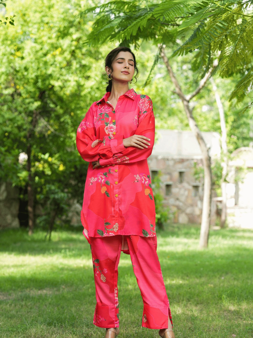 Yufta Pink Printed Shirt with Trousers Co-Ords - Swadesiicart