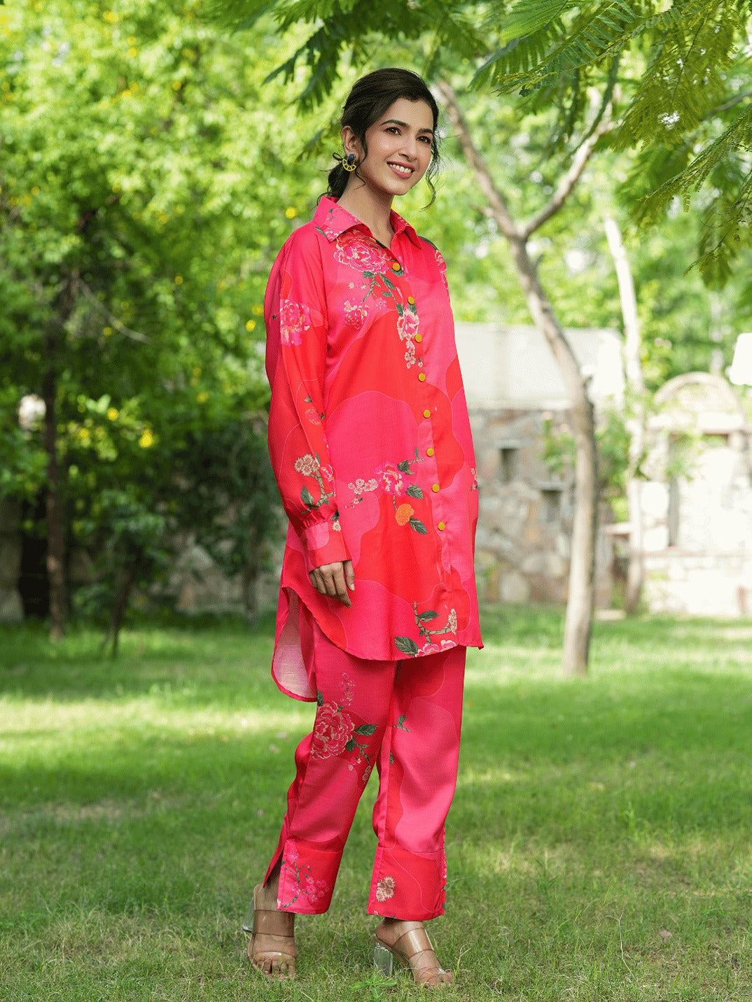 Yufta Pink Printed Shirt with Trousers Co-Ords - Swadesiicart