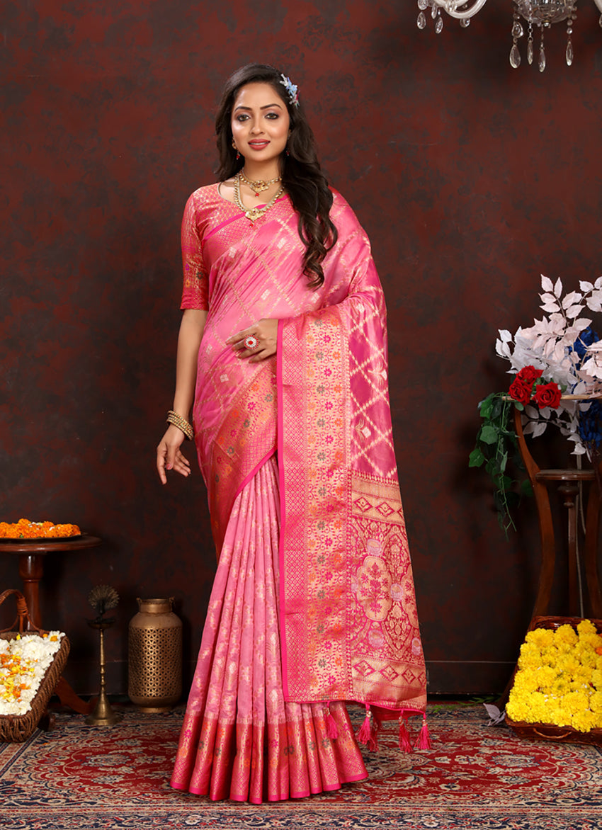 Lorenvalley Fashion Pink Organza Silk Woven Design with Rich Meenakari Weaving Pallu Saree - Swadesiicart