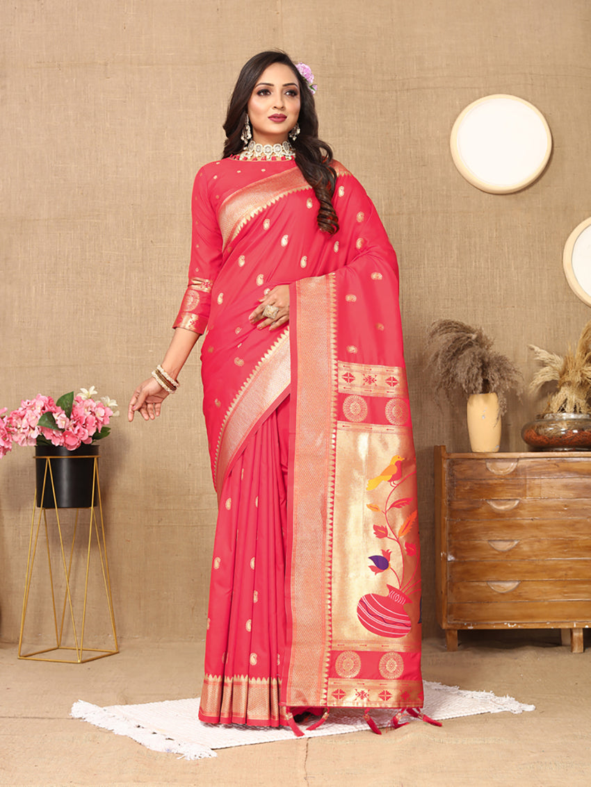 Lorenvalley Fashion Pink Soft Paithani Silk Woven Design Rich Zari Meenakari Weaving Saree - Swadesiicart