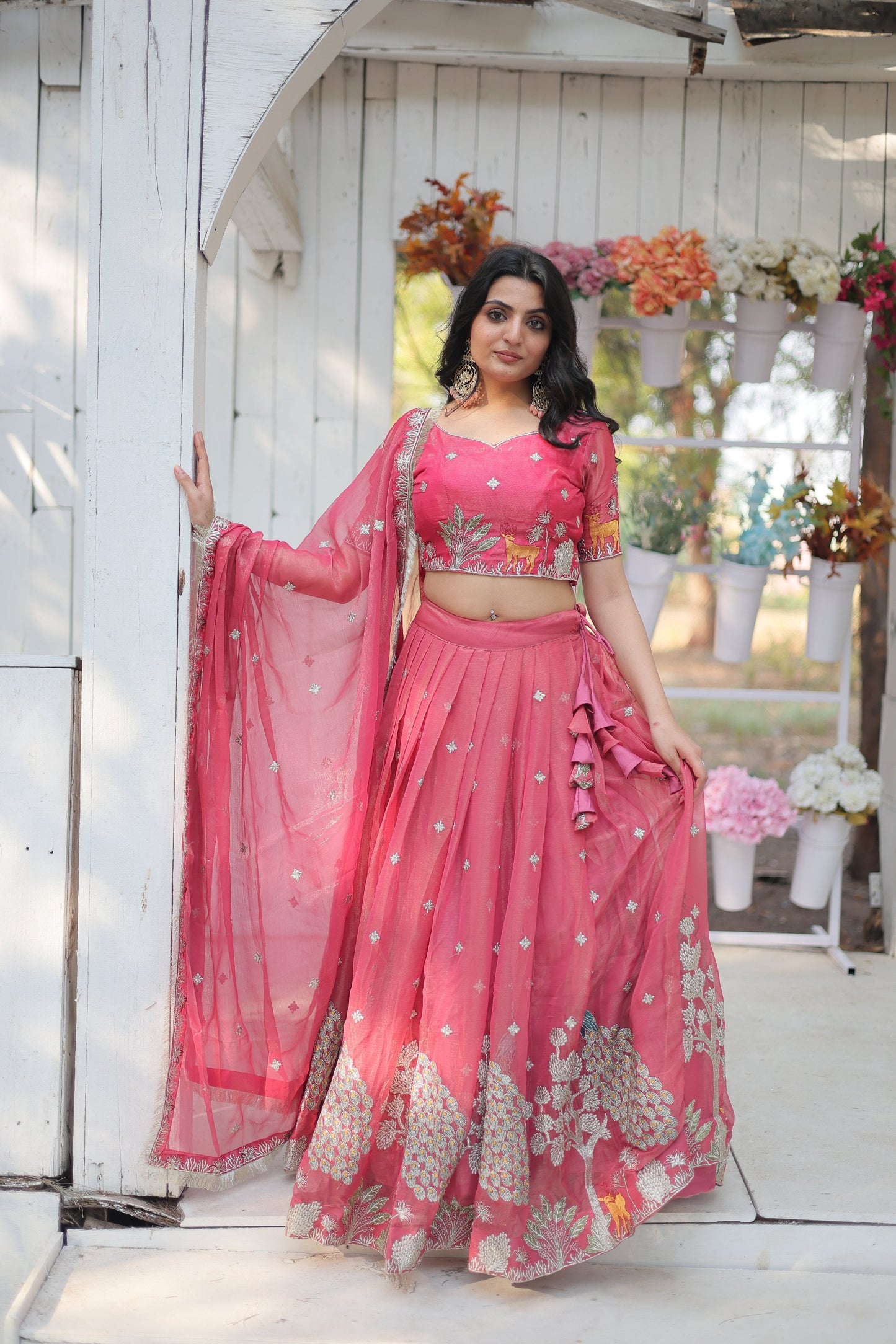 Lorenvalley Pink Gold Coin Fabric with Sequins and Thread Embroidered work Lehenga Choli with Dupatta | Swadesiicart