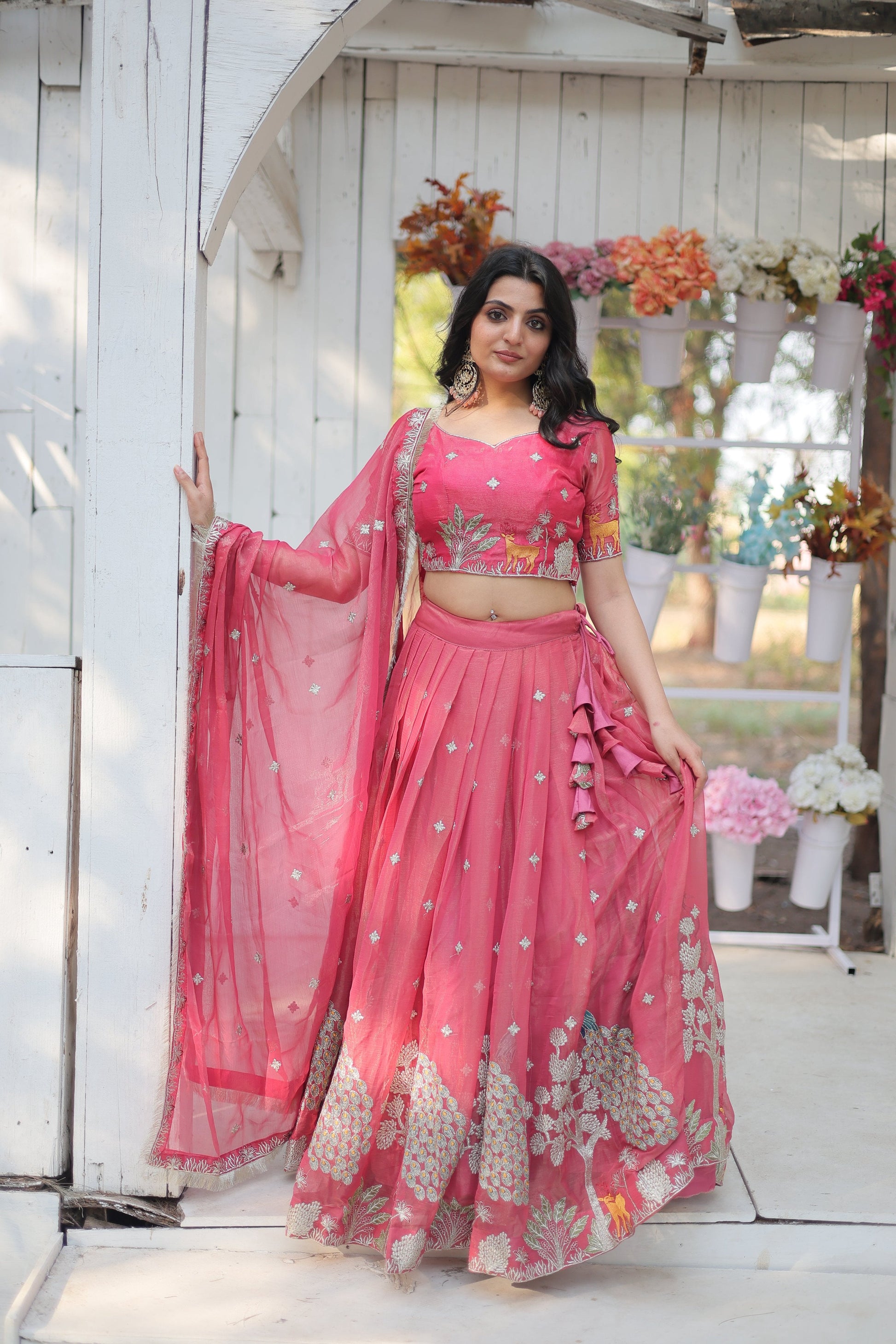Lorenvalley Pink Gold Coin Fabric with Sequins and Thread Embroidered work Lehenga Choli with Dupatta | Swadesiicart