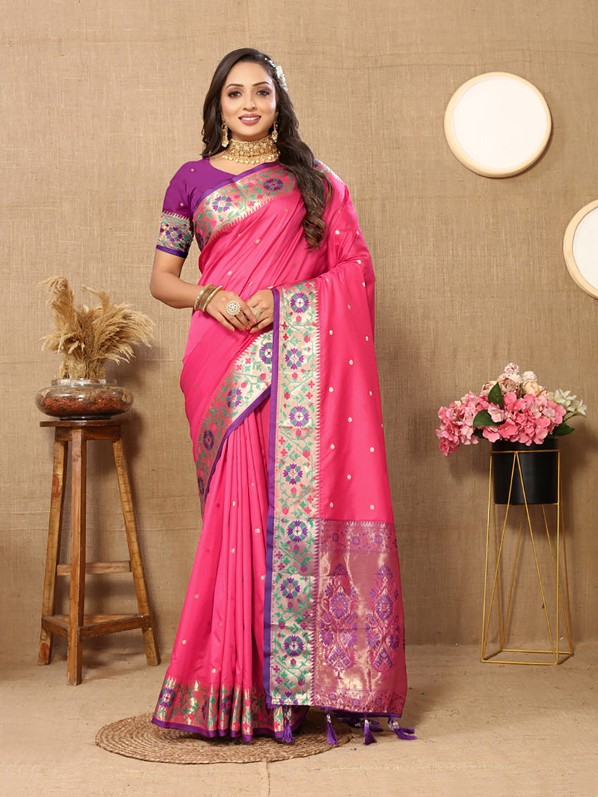 Lorenvalley Fashion Pink Soft Paithani Silk Woven Design Rich Meenakari Zari Weaving Pallu Saree - Swadesiicart