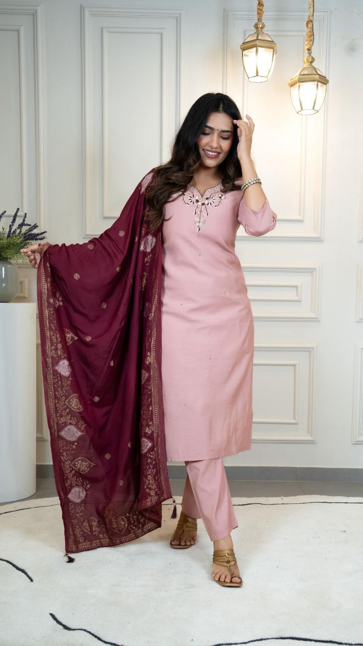 Lorenvalley Fashion Pink Roman Silk Hand Work Kurta Pant with Dupatta - Swadesiicart