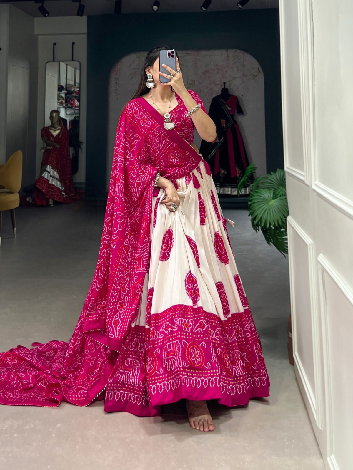 Lorenvalley Pink Tussar Silk with Bandhej Print Lehenga Choli | Swadesiicart