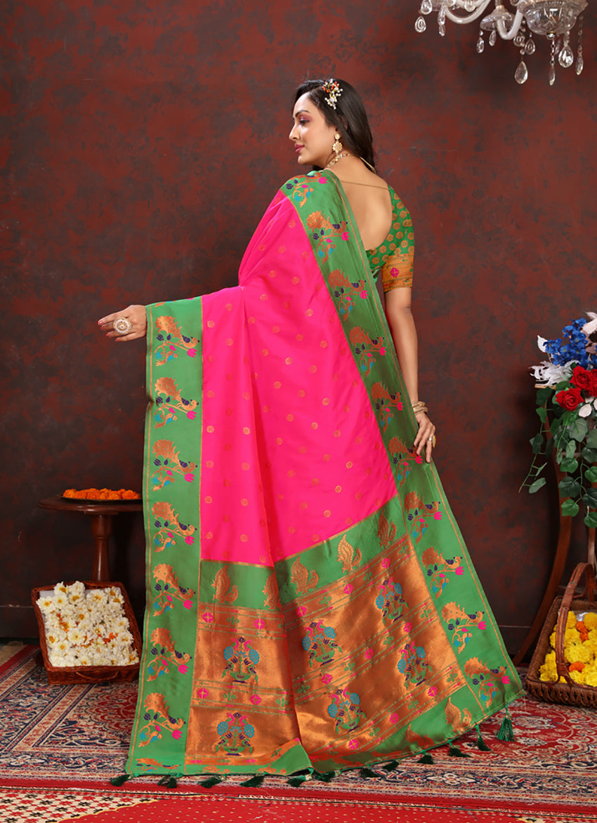 Lorenvalley Fashion Pink Soft Paithani Silk Woven Design Rich Zari Meenakari Weaving Saree - Swadesiicart