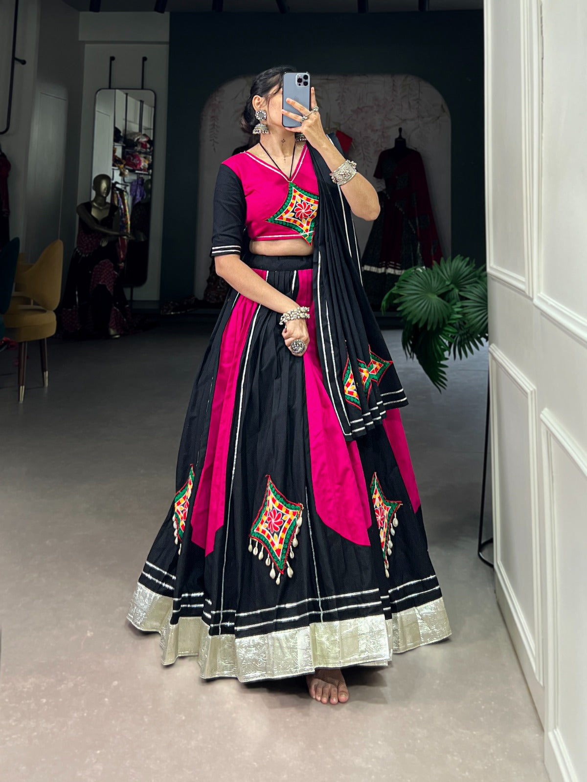 Lorenvalley Pink and Black Plain With Gamthi Patch Work & Gota Patti Lace also cowrie (kodi) lace touch up Lehenga Choli | Swadesiicart