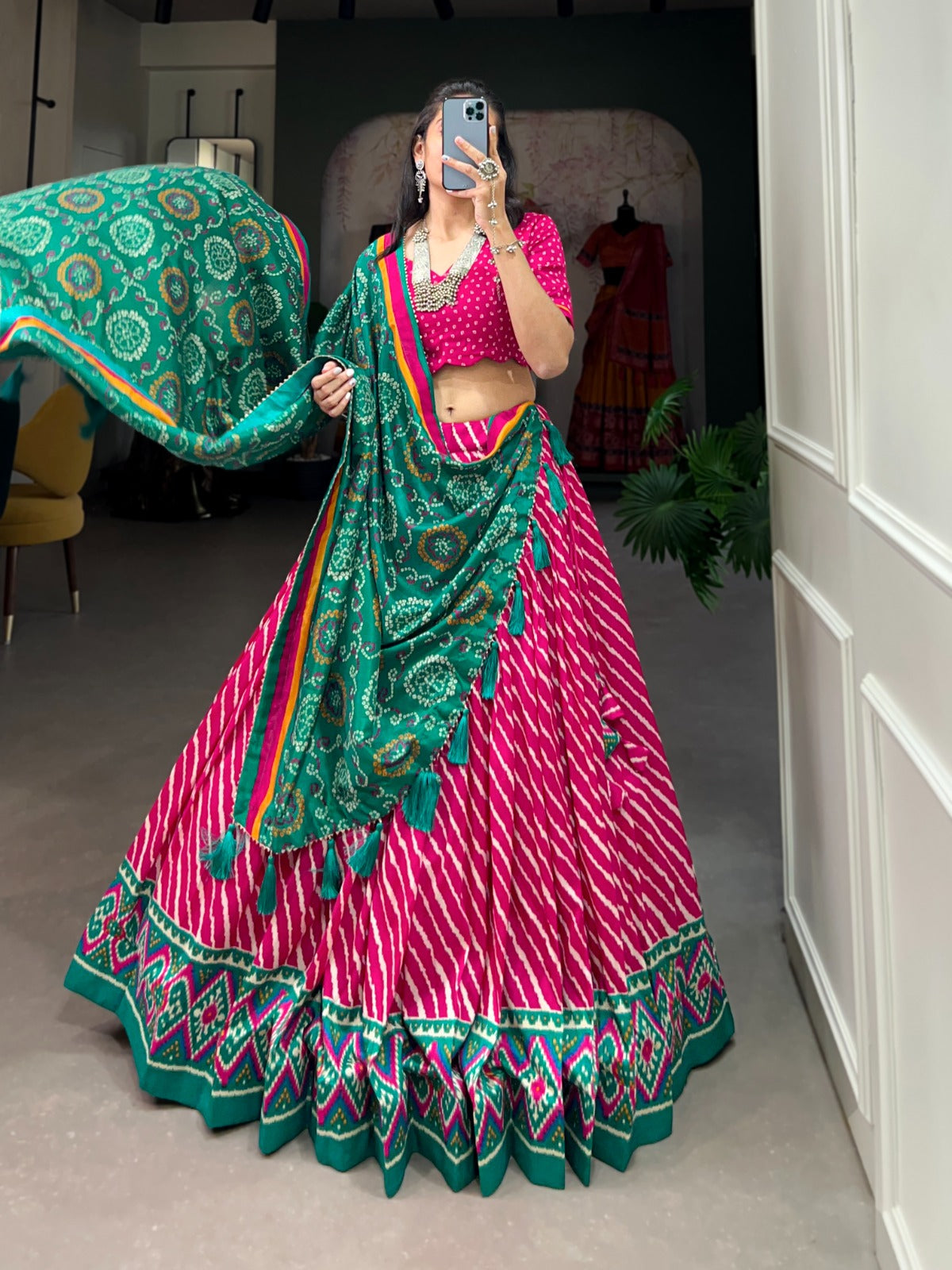 Lorenvalley Pink Tussar Silk Lehenga Leheriya Patola Print Border With Choli Bandhej Print With Bandhej Print Gotta Patti Lace Border Dupatta | Swadesiicart