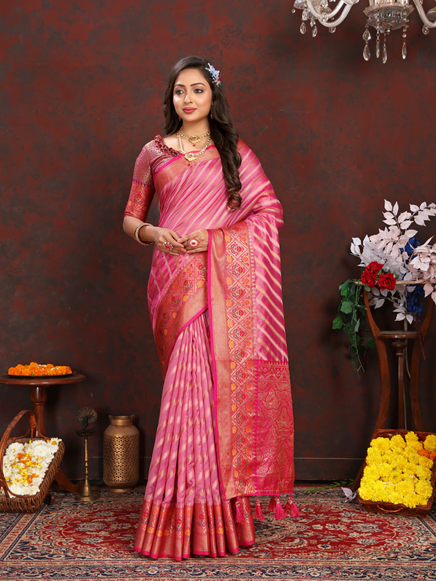 Lorenvalley Fashion Pink Organza Silk Woven Design with Rich Meenakari Weaving Pallu Saree - Swadesiicart