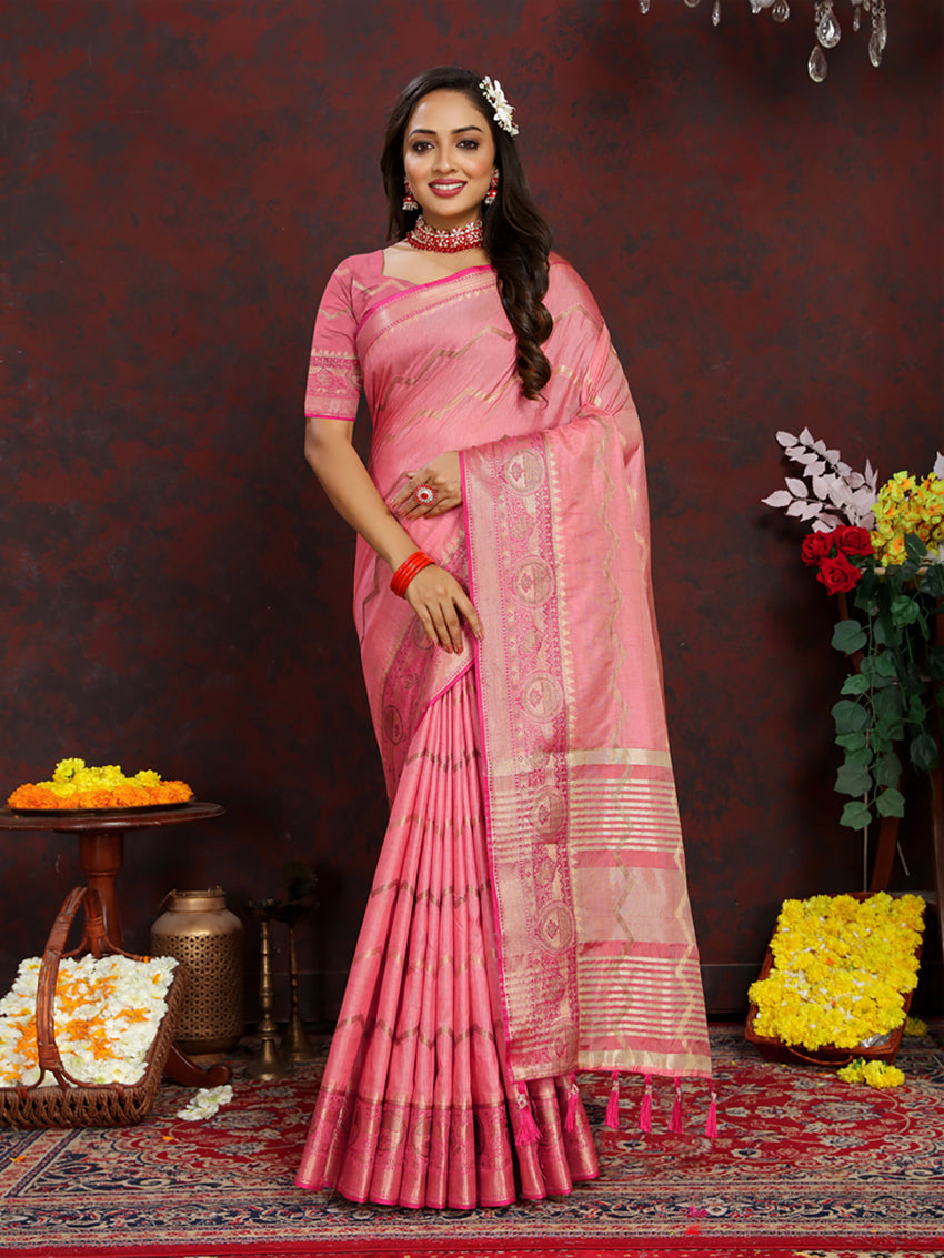 Lorenvalley Fashion Pink Soft Katan Silk Woven Design Zari Weaving Pallu Saree - Swadesiicart