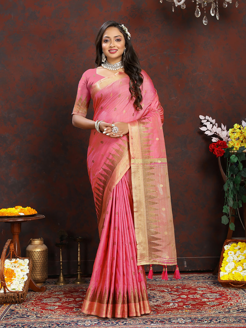 Lorenvalley Fashion Pink Soft Katan Silk Woven Design Zari Weaving Pallu Saree - Swadesiicart