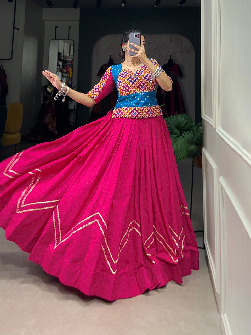 Lorenvalley Pure Cotton Pink Plain With Gota Patti Touch Up Lehenga Choli | Swadesiicart