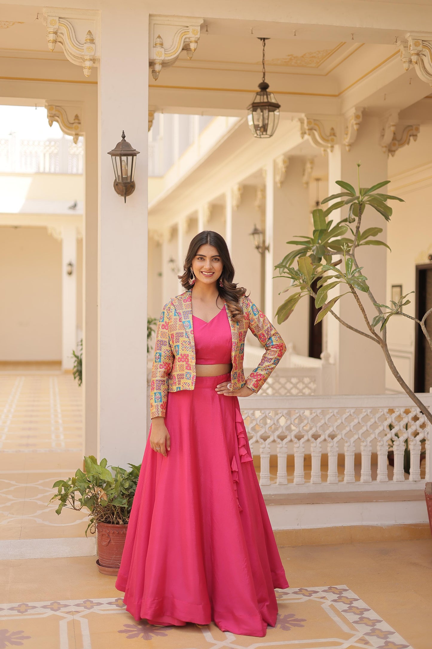 Lorenvalley Pink Premium Chinnon Lehenga Choli with Jacquard Woven Design Koti | Swadesiicart