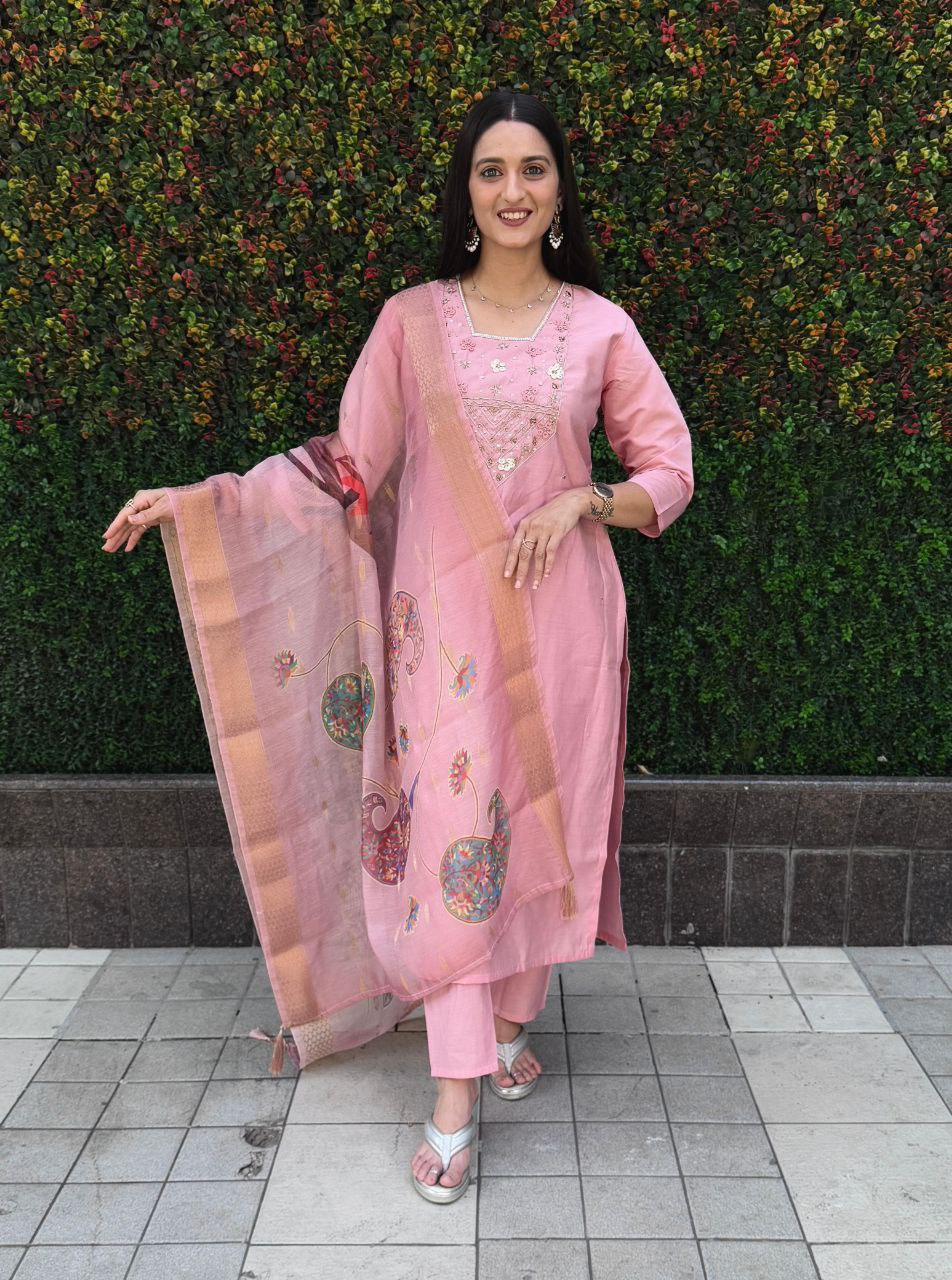 Lorenvalley Fashion Pink Roman Silk Hand Work Kurta Pant with Dupatta - Swadesiicart