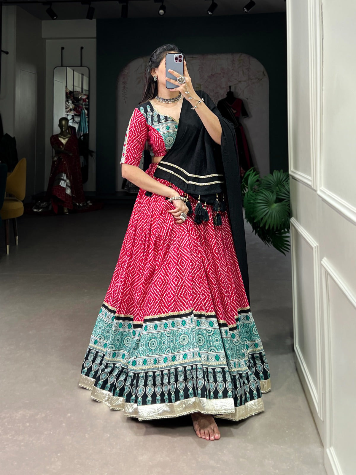 Lorenvalley Pink Rayon with Bandhej And Ajarakh Print With Embossed Design Gota Lace Touch up Lehenga Choli | Swadesiicart