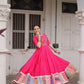 Lorenvalley Fashion Pink Roman Silk with Thread with mirror work & Maslin Crochet Print Work Gown | Swadesiicart