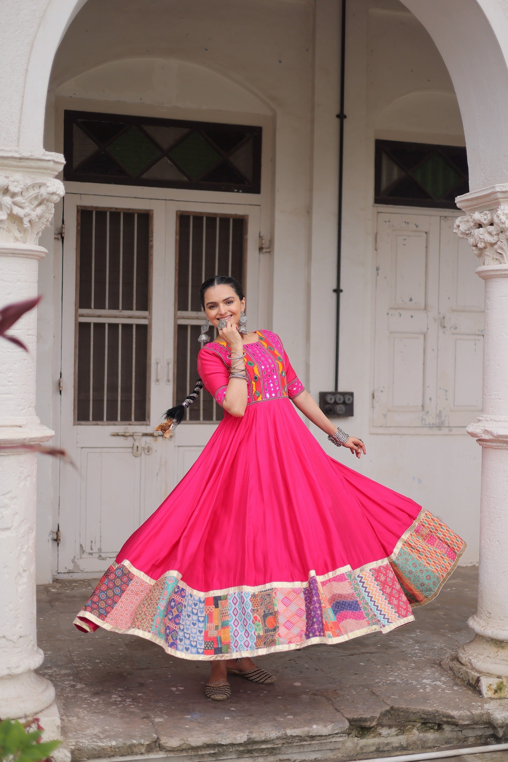 Lorenvalley Fashion Pink Roman Silk with Thread with mirror work & Maslin Crochet Print Work Gown | Swadesiicart