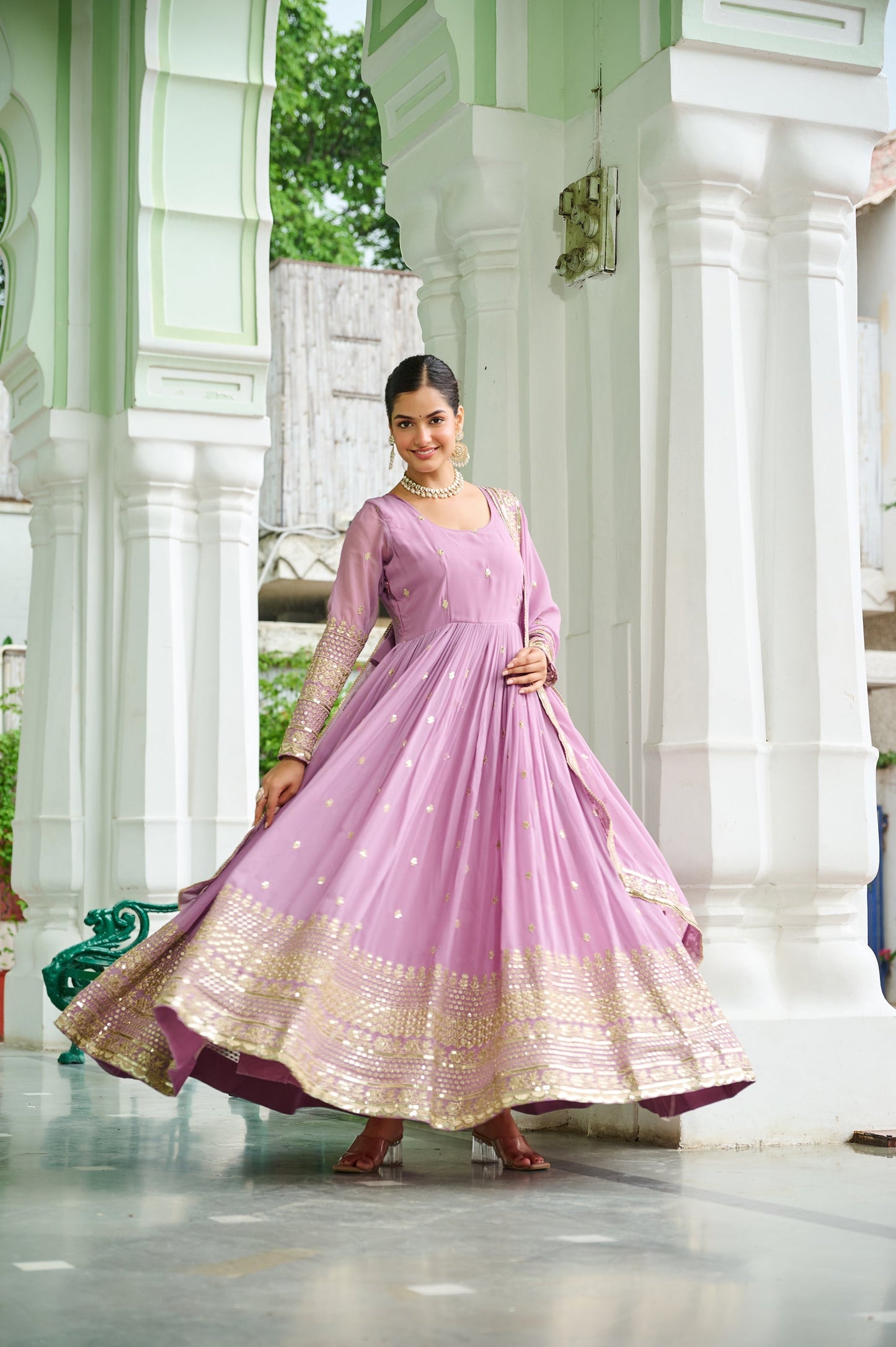 Lorenvalley Fashion Pink Faux Georgette with Embroidered work Anarkali Gown with Dupatta - Swadesiicart