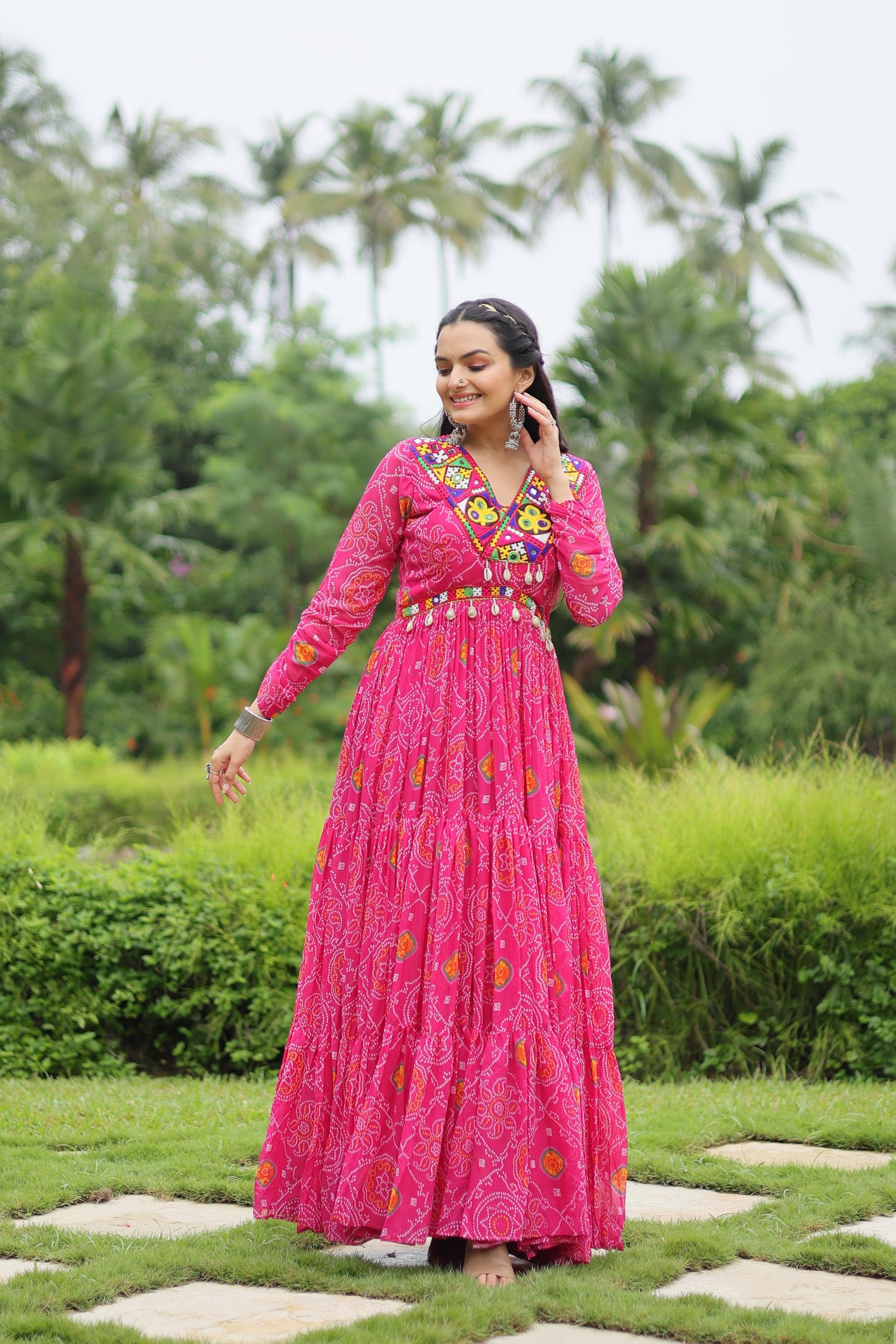Lorenvalley Pink Faux Georgette Bandhani Print Work With Kutchi Patch Work Gown | Swadesiicart