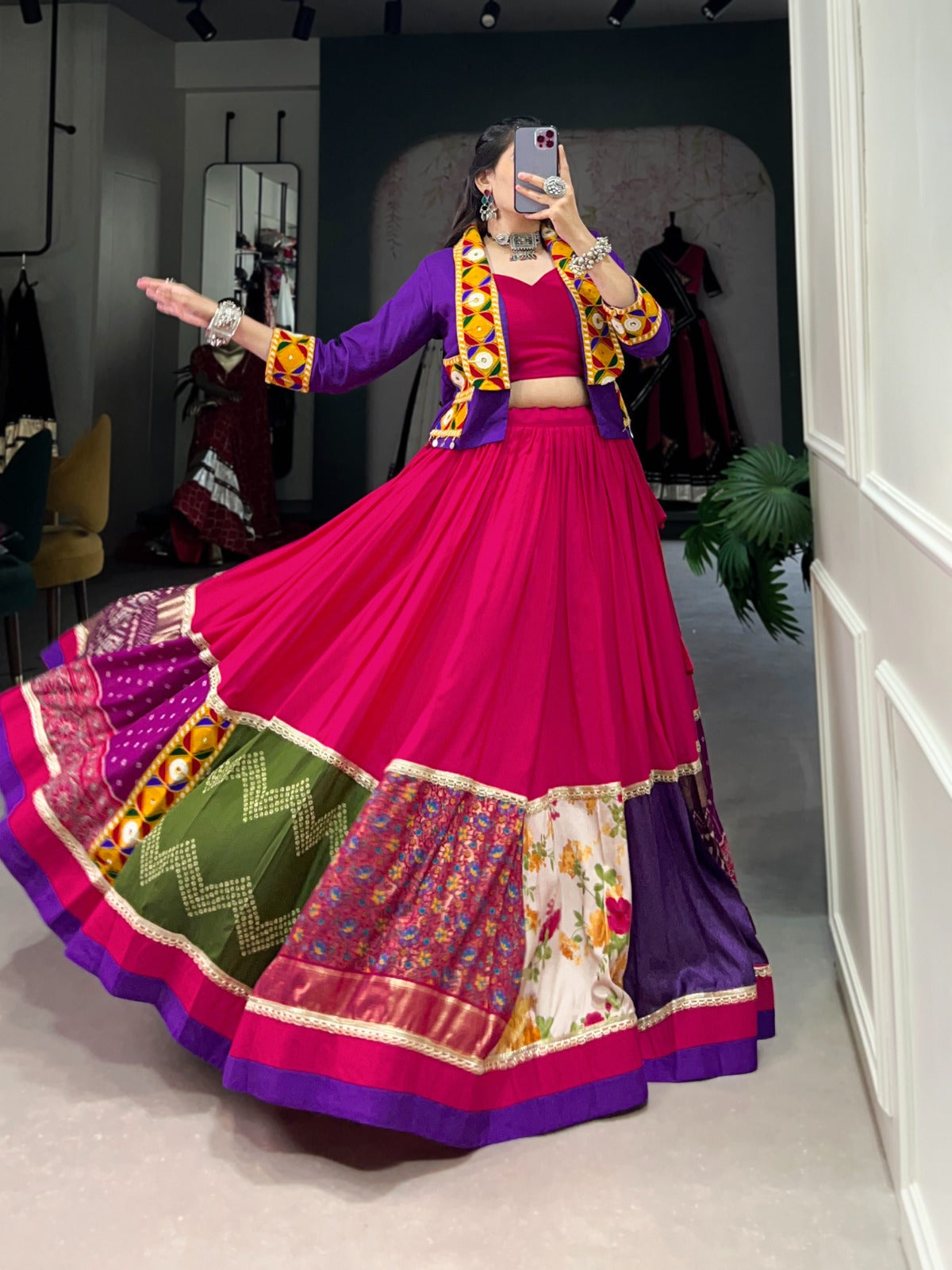 Lorenvalley Pink Pure Rayon with Plain With Printed And Gamthi Patch Work With Lace Touch Up Lehenga Choli | Swadesiicart