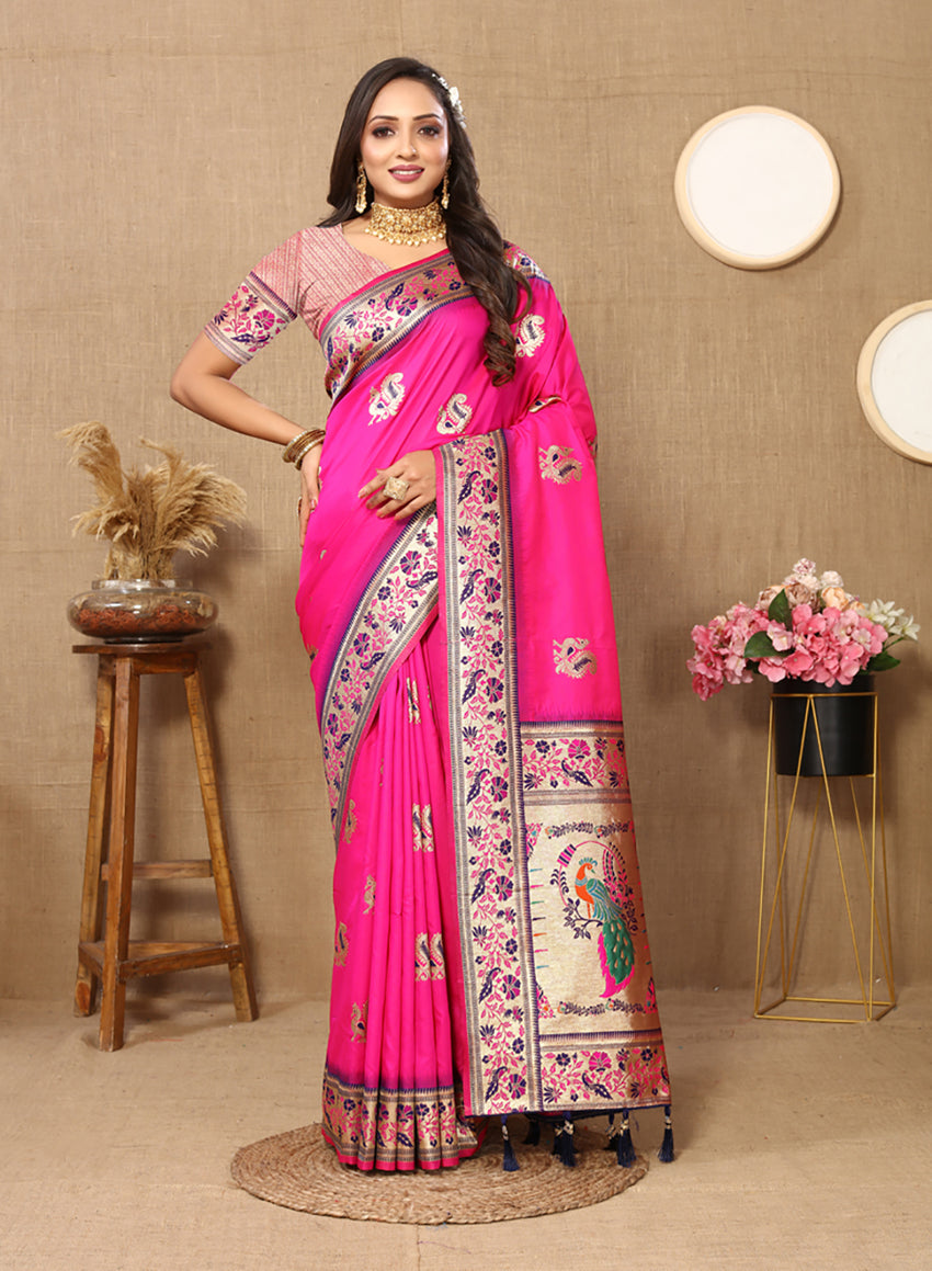Lorenvalley Fashion Pink Soft Paithani Silk Woven Design Rich Meenakari Zari Weaving Pallu Saree - Swadesiicart