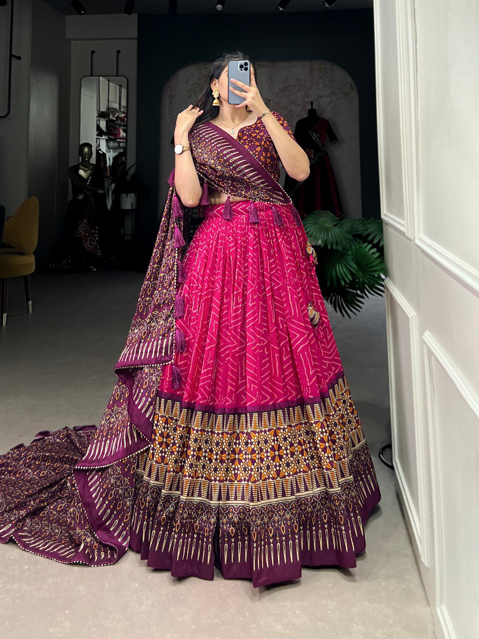 Lorenvalley Pink Tussar Silk Bandhej And Ajarakh Print Lehenga Choli with Dupatta | Swadesiicart