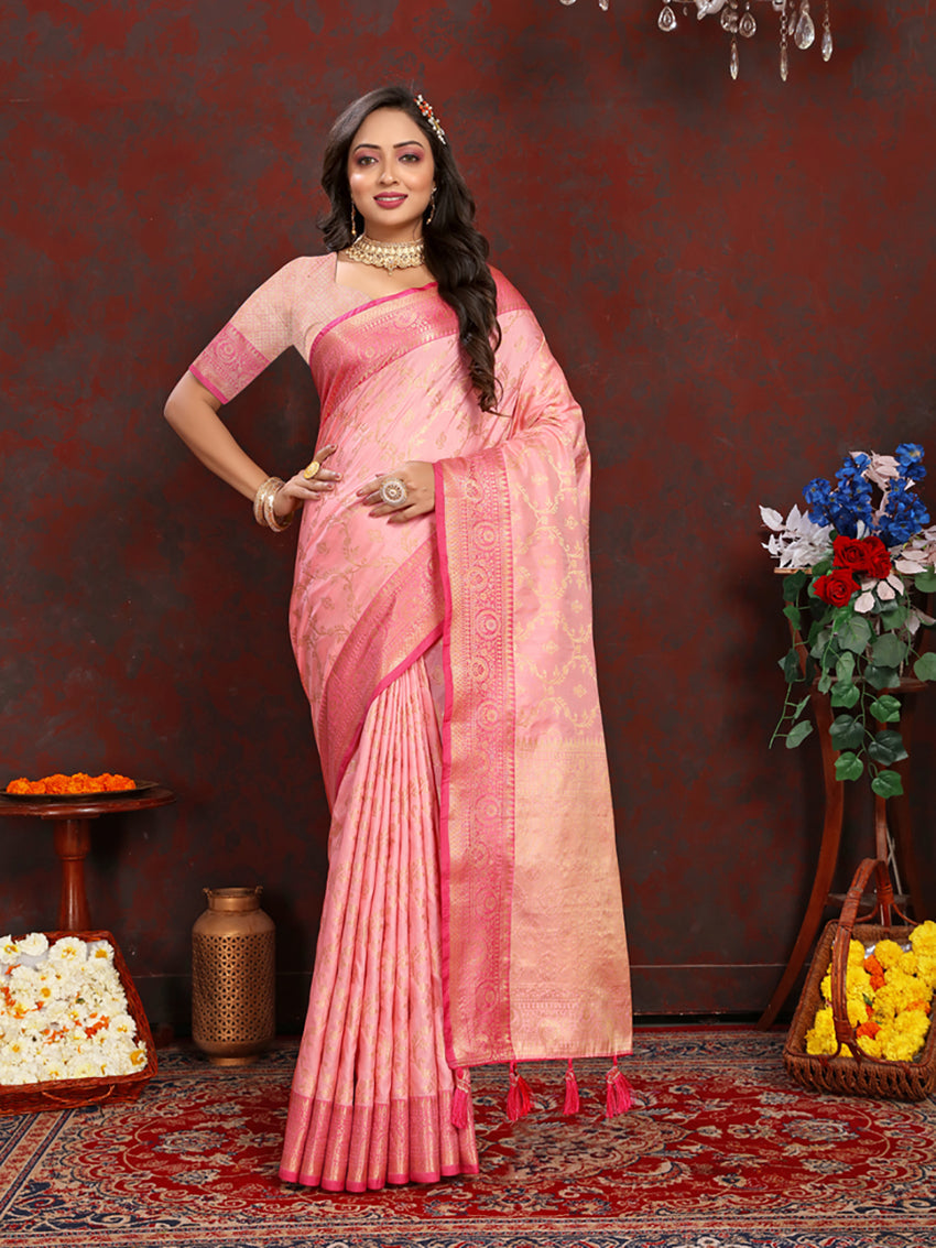 Lorenvalley Fashion Pink Soft Katan Silk Woven Design Zari Weaving Pallu Saree - Swadesiicart