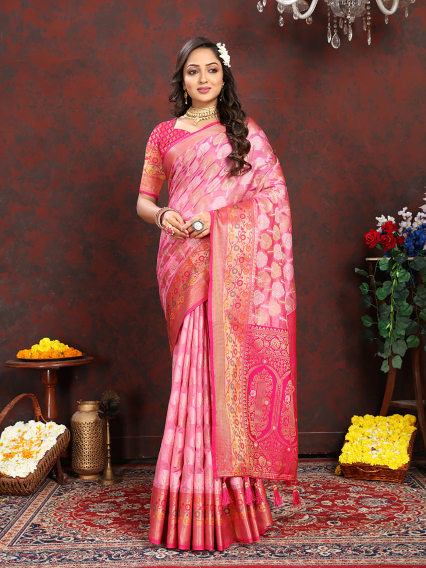 Lorenvalley Fashion Pink Organza Silk Woven Design with Rich Meenakari Weaving Pallu Saree - Swadesiicart