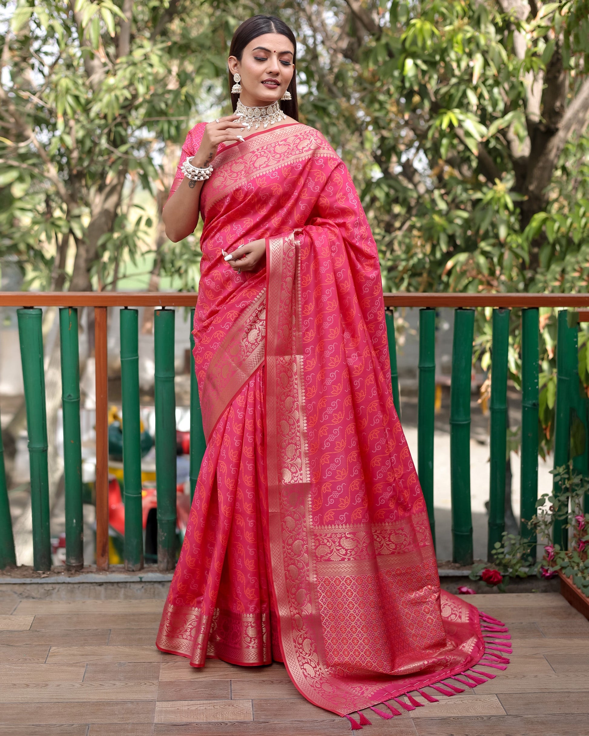 Lorenvalley Premium Bandhej Patola Silk Sarees with kanchi Borders and Contrast Zari Weaving borders Saree - Pink - Swadesiicart