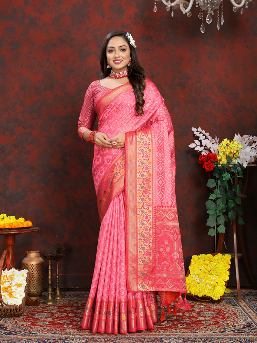 Lorenvalley Fashion Pink Organza Silk Woven Design with Rich Meenakari Weaving Pallu Saree - Swadesiicart