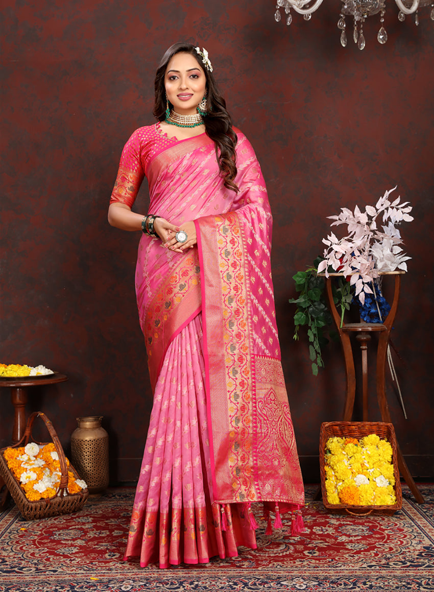 Lorenvalley Fashion Pink Organza Silk Woven Design with Rich Meenakari Weaving Pallu Saree - Swadesiicart