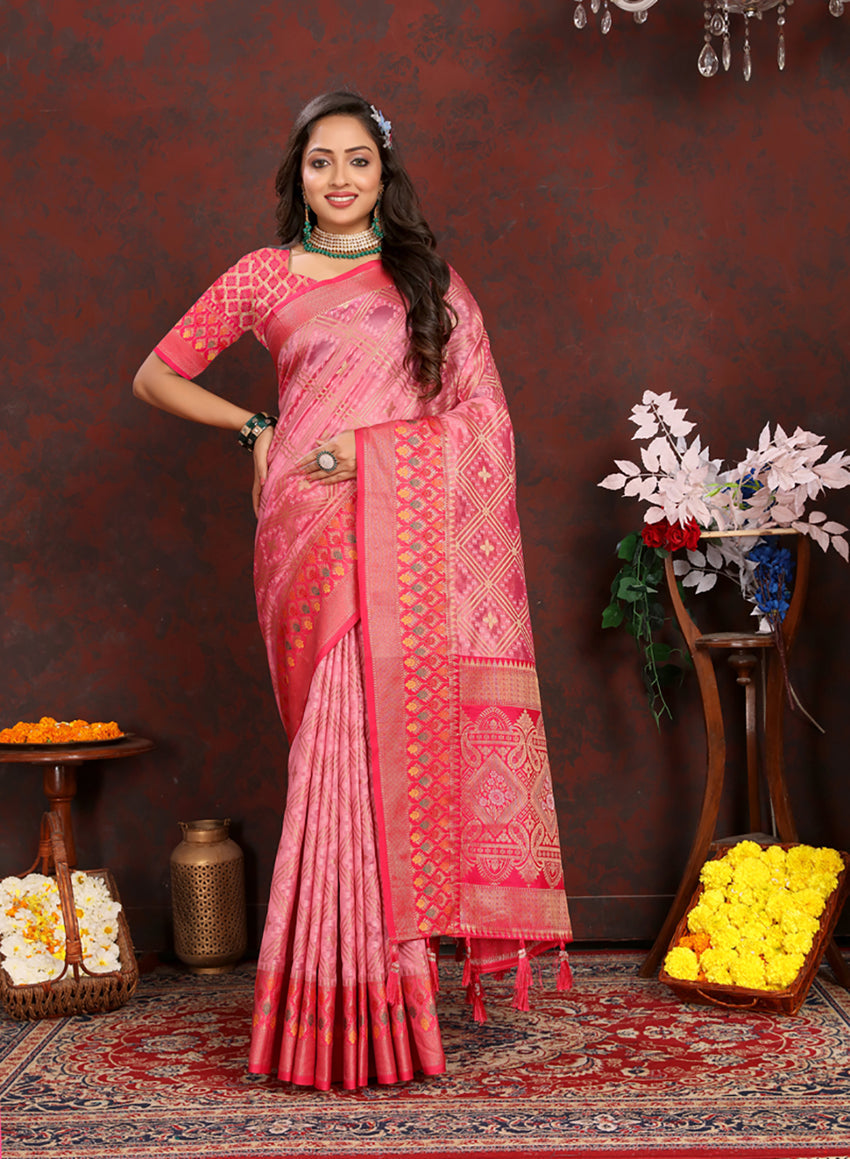 Lorenvalley Fashion Pink Organza Silk Woven Design with Rich Meenakari Weaving Pallu Saree - Swadesiicart