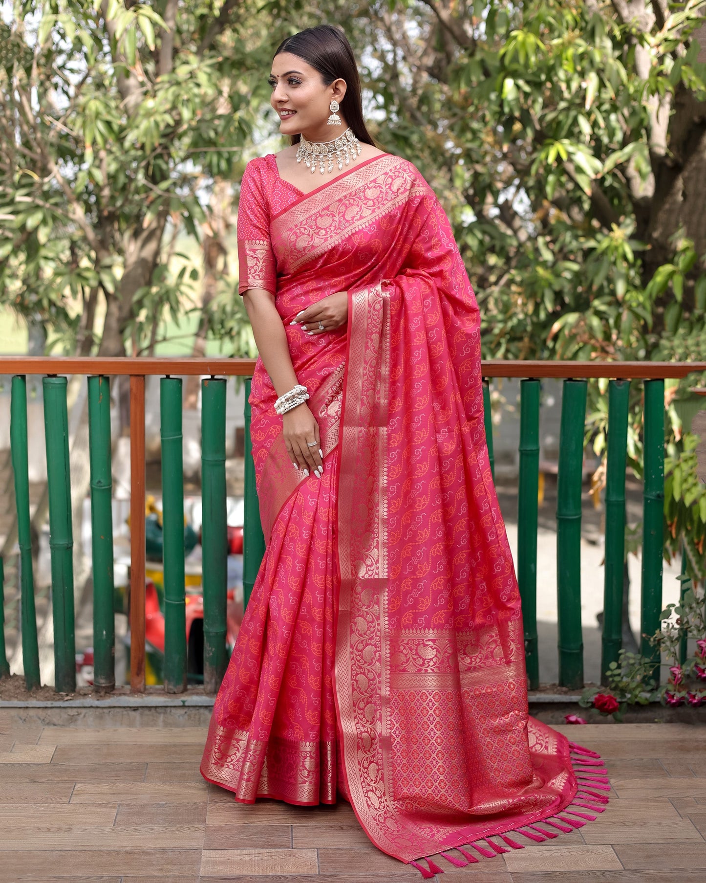 Lorenvalley Premium Bandhej Patola Silk Sarees with kanchi Borders and Contrast Zari Weaving borders Saree - Pink - Swadesiicart