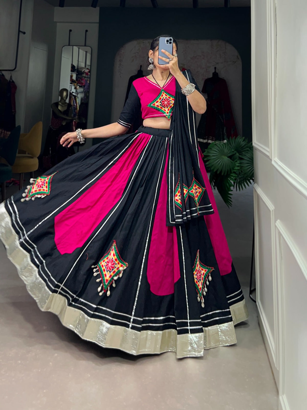 Lorenvalley Pink and Black Plain With Gamthi Patch Work & Gota Patti Lace also cowrie (kodi) lace touch up Lehenga Choli | Swadesiicart