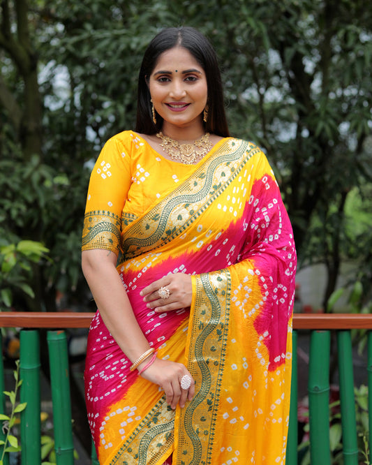 Lorenvalley Premium Pure Bandhej Tapeta Soft light weight silk saree with zari weaving Border - Multicolor - Swadesiicart