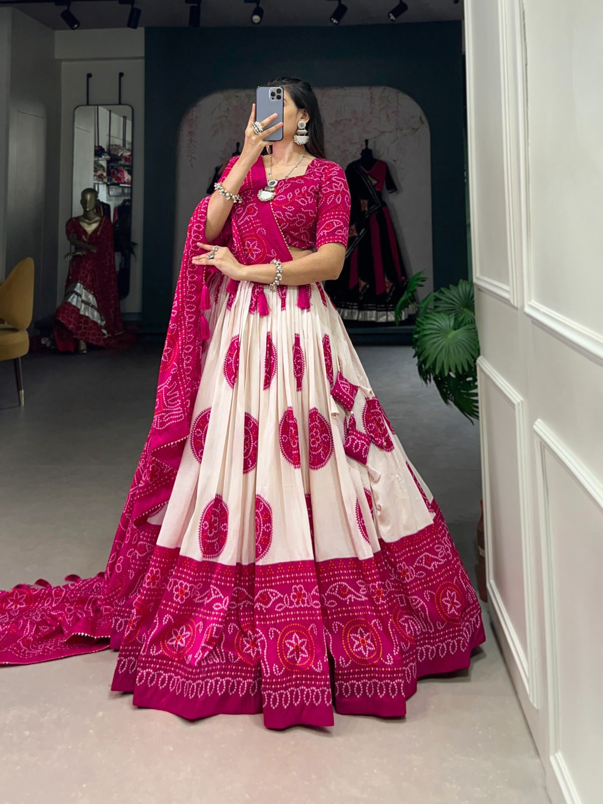 Lorenvalley Pink Tussar Silk with Bandhej Print Lehenga Choli | Swadesiicart