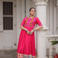 Lorenvalley Fashion Pink Roman Silk with Thread with mirror work & Maslin Crochet Print Work Gown | Swadesiicart