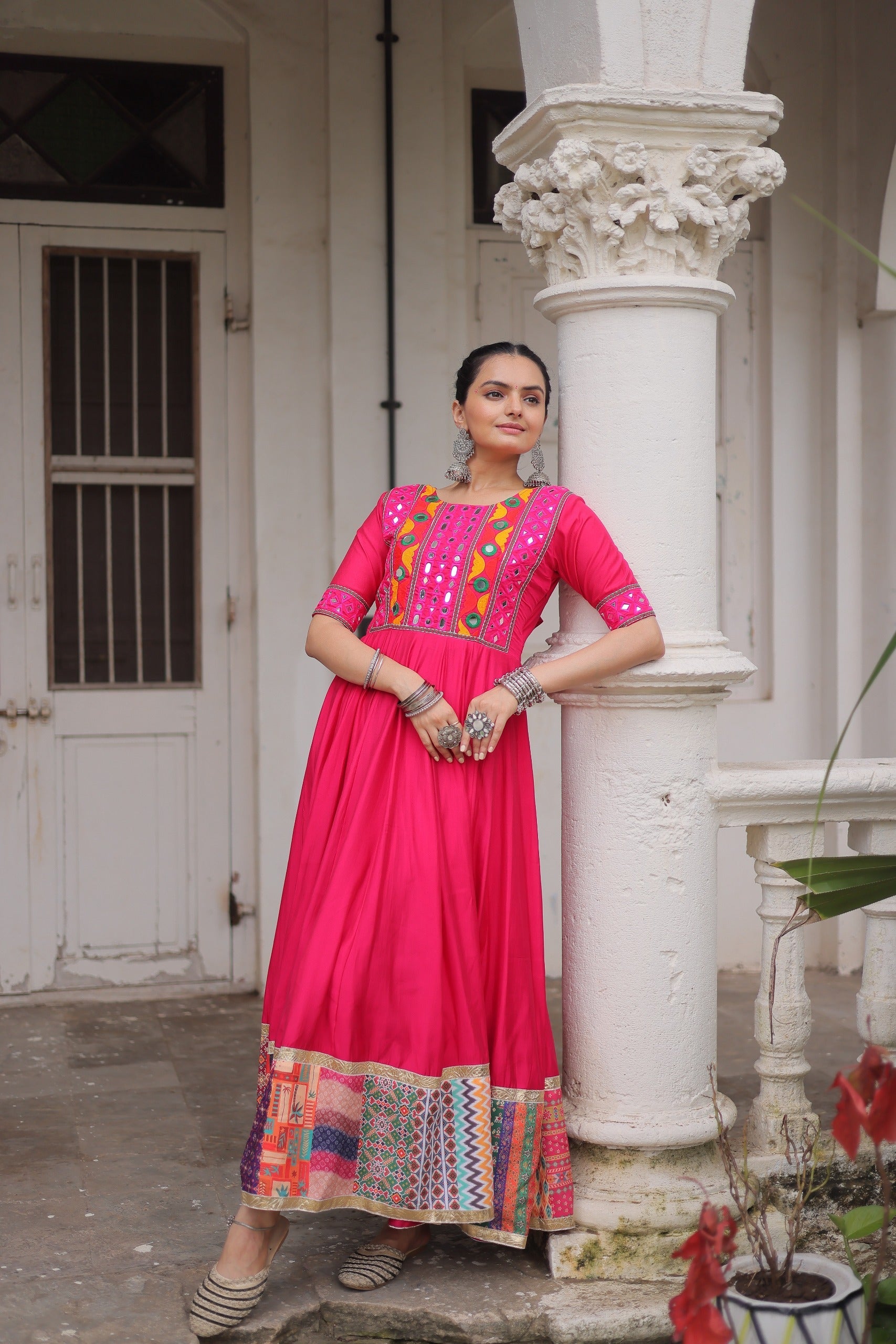 Lorenvalley Fashion Pink Roman Silk with Thread with mirror work & Maslin Crochet Print Work Gown | Swadesiicart