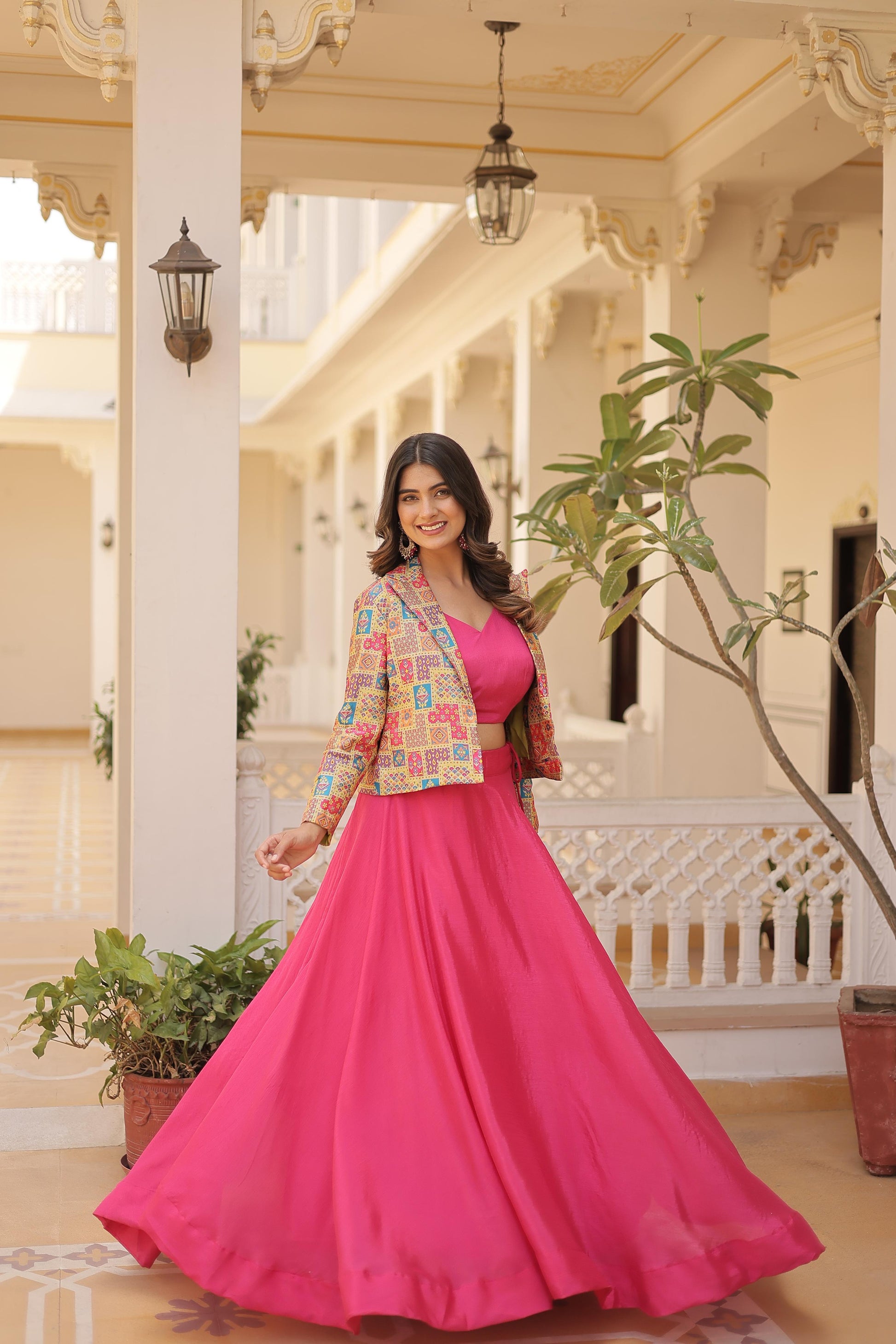 Lorenvalley Pink Premium Chinnon Lehenga Choli with Jacquard Woven Design Koti | Swadesiicart