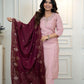 Lorenvalley Fashion Pink Roman Silk Hand Work Kurta Pant with Dupatta - Swadesiicart