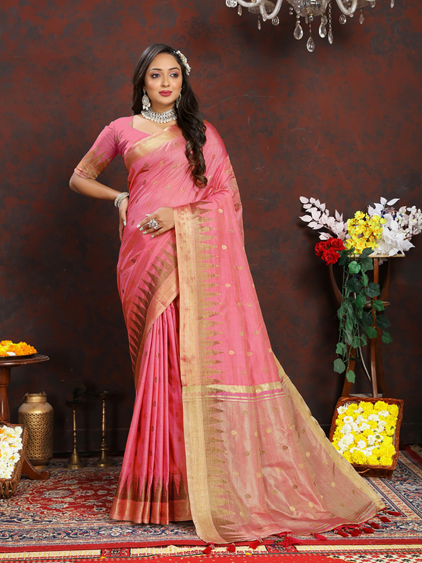 Lorenvalley Fashion Pink Soft Katan Silk Woven Design Zari Weaving Pallu Saree - Swadesiicart