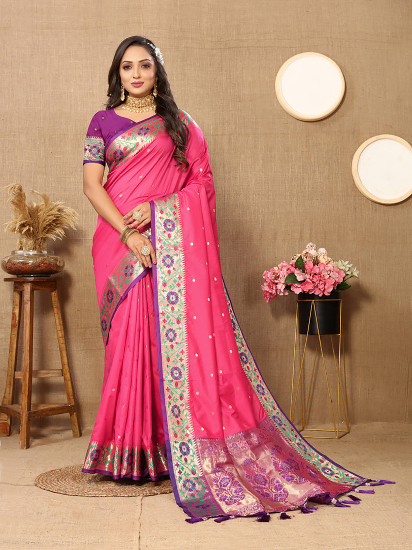 Lorenvalley Fashion Pink Soft Paithani Silk Woven Design Rich Meenakari Zari Weaving Pallu Saree - Swadesiicart
